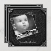 黒エレガントダマスク写真誕生のお知らせ 案内状 (正面/裏面)