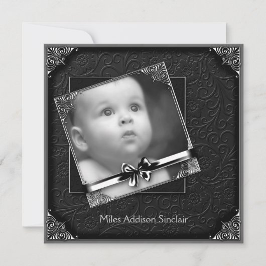 黒エレガントダマスク写真誕生のお知らせ 案内状 (正面)