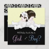 黒エレガントダマスク性別リビールシャワー 招待状 (正面/裏面)