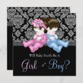 黒エレガントダマスク性別リビールシャワー 招待状 (正面/裏面)