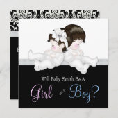 黒エレガントダマスク性別リビールシャワー 招待状 (正面/裏面)