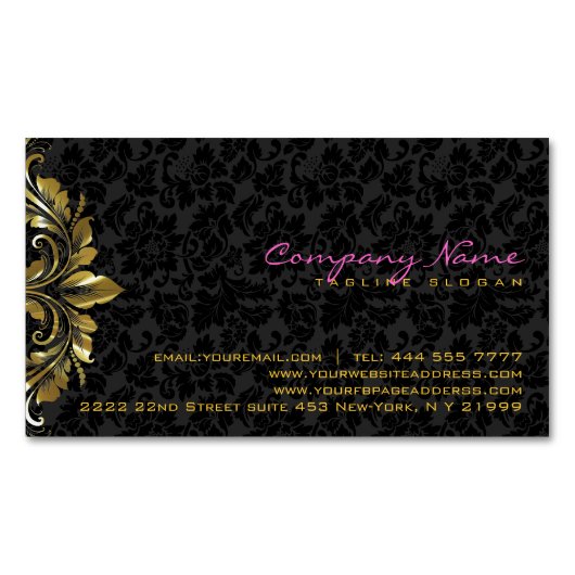 黒エレガントダマスク金ゴールドフローラレース2 マグネット名刺 (正面)
