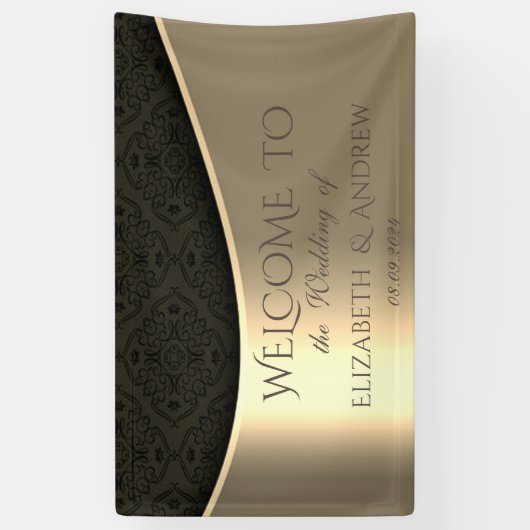 黒エレガントダマスク金ゴールド結婚のバナー 横断幕 (縦)