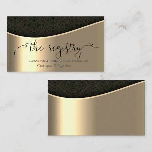 黒エレガントダマスク金ゴールド結婚のレジストリ エンクロージャーカード (正面/裏面)