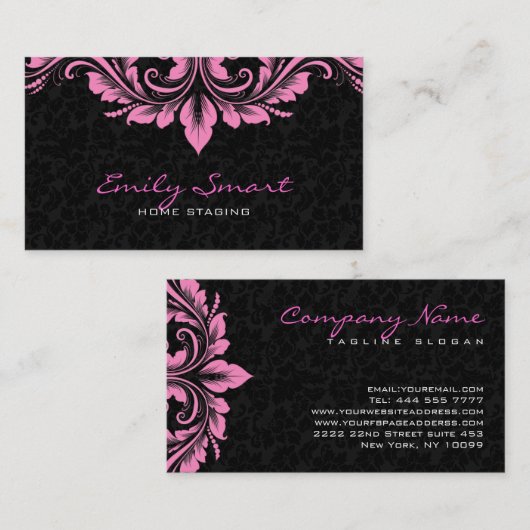 黒エレガントダマスピンクフローラ渦巻き 名刺 (正面/裏面)