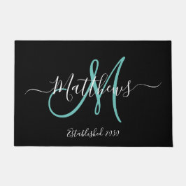 黒エレガントティール（緑がかった色）モノグラムスクリプトファミリ名 ドアマット