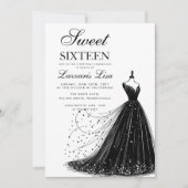 黒エレガントドレス白Sweet sixteen誕生日 招待状 (正面)
