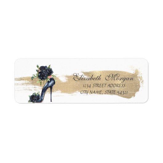 黒エレガントバラハイヒール金ゴールドブラシストローク ラベル (正面)