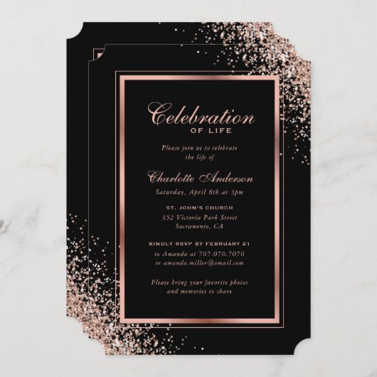黒エレガントバラ金ゴールドフォトお祝いオブ・ライフ 招待状 (正面/裏面)