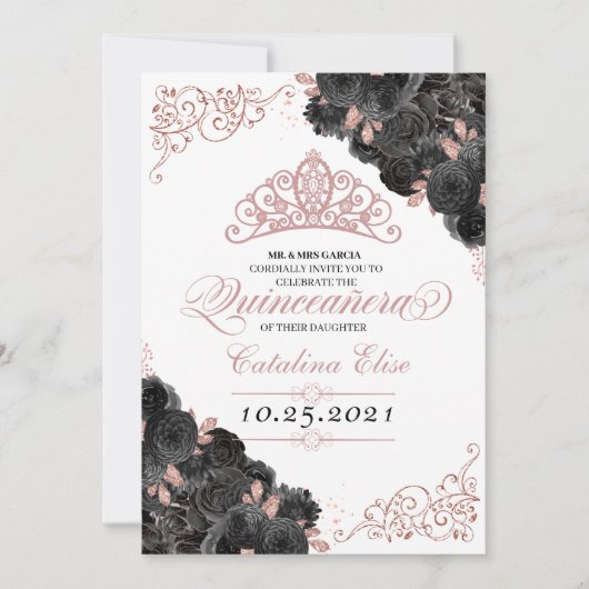 黒エレガントバラ金ゴールドフローラキンセアニェラ 招待状 (正面)