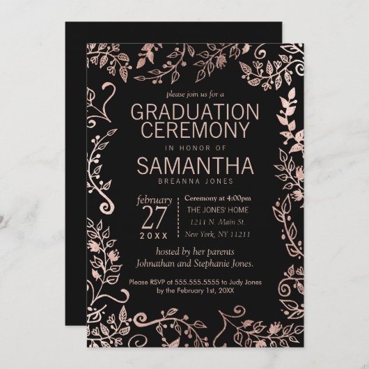 黒エレガントバラ金ゴールドフローラ卒業 招待状 (正面/裏面)