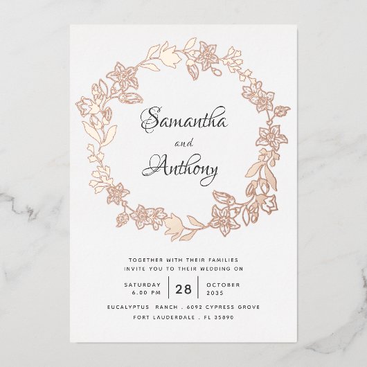 黒エレガントバラ金ゴールドフローラ結婚リース 箔招待状 (正面)