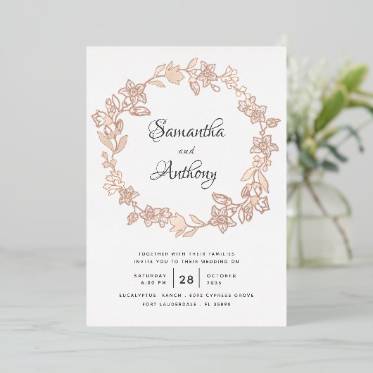 黒エレガントバラ金ゴールドフローラ結婚リース 箔招待状 (立ち正面)