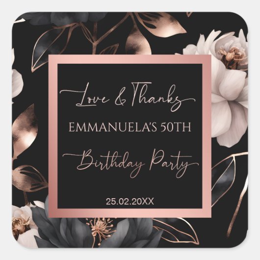 黒エレガントバラ金ゴールドフローラ誕生日の好意 スクエアシール (正面)