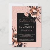 黒エレガントバラ金ゴールドフローラ誕生日テンプレート 招待状 (正面)