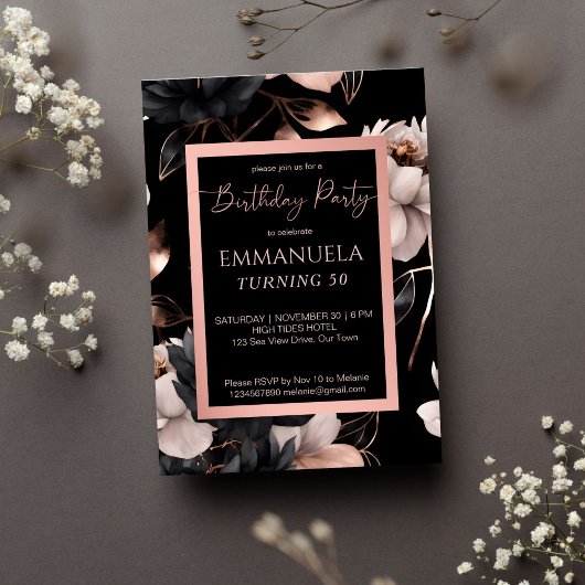 黒エレガントバラ金ゴールドフローラ誕生日テンプレート 招待状