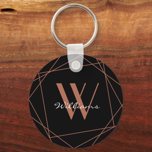 黒エレガントバラ金ゴールドモノグラム名ジオメトリック キーホルダー (正面)