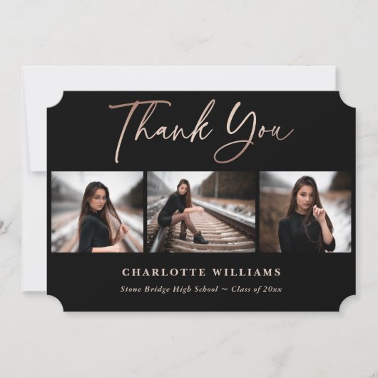 黒エレガントバラ金ゴールド写真卒業 サンキューカード (正面)