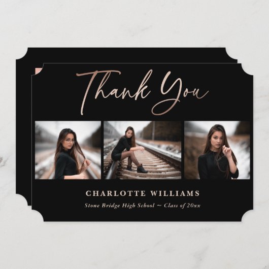 黒エレガントバラ金ゴールド写真卒業 サンキューカード (正面/裏面)