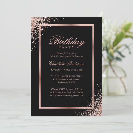 黒エレガントバラ金ゴールド紙吹雪誕生日パーティー 招待状 (スタンド正面)