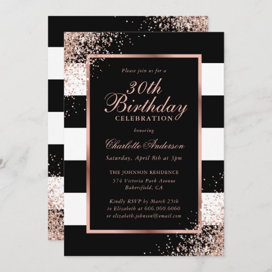 黒エレガントバラ金ゴールド紙吹雪30歳の誕生日 招待状 (正面/裏面)