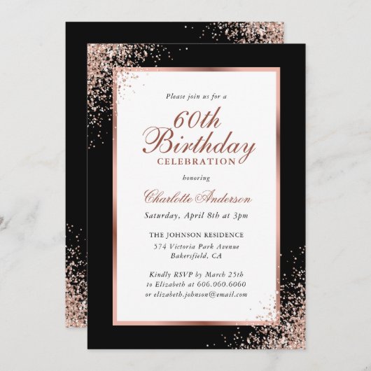 黒エレガントバラ金ゴールド紙吹雪60誕生日 招待状 (正面/裏面)