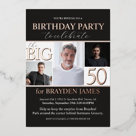 黒エレガントバラ金ゴールド50番目の誕生日招待状 箔招待状 (正面)