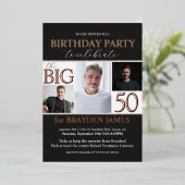 黒エレガントバラ金ゴールド50番目の誕生日招待状 箔招待状 (立ち正面)