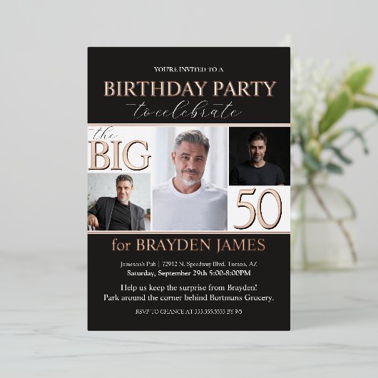 黒エレガントバラ金ゴールド50番目の誕生日招待状 箔招待状 (立ち正面)