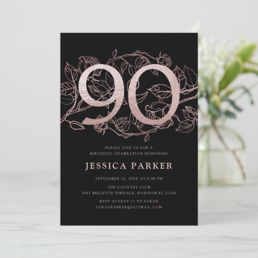 黒エレガントバラ金ゴールド90誕生日 招待状 (スタンド正面)