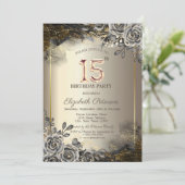 黒エレガントバラ、ストリングライト15誕生日 招待状 (スタンド正面)