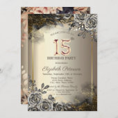 黒エレガントバラ、ストリングライト15誕生日 招待状 (正面/裏面)