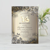 黒エレガントバラ、ストリングライト16誕生日 招待状 (スタンド正面)