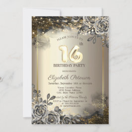 黒エレガントバラ、ストリングライト16誕生日 招待状