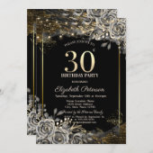 黒エレガントバラ、ストリングライト30th誕生日 招待状 (正面/裏面)
