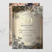 黒エレガントバラ、ストリングライト30th誕生日 招待状 (正面/裏面)