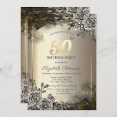 黒エレガントバラ、ストリングライト50誕生日 招待状 (正面/裏面)