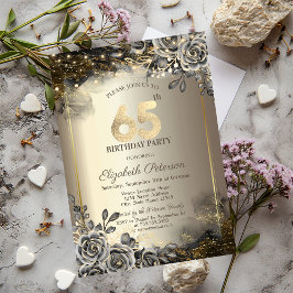 黒エレガントバラ、ストリングライト65誕生日 招待状