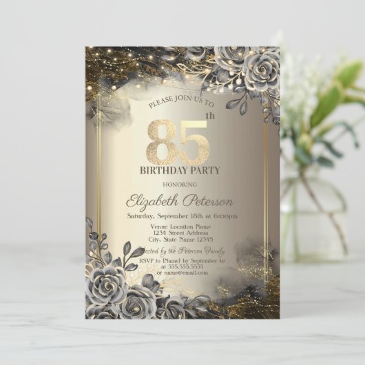 黒エレガントバラ、ストリングライト85誕生日 招待状 (スタンド正面)