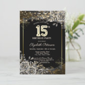 黒エレガントバラ、ライトブラック15誕生日 招待状 (スタンド正面)
