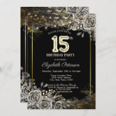 黒エレガントバラ、ライトブラック15誕生日 招待状 (正面/裏面)