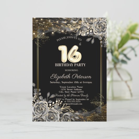 黒エレガントバラ、ライトブラック16誕生日 招待状 (スタンド正面)