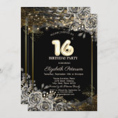 黒エレガントバラ、ライトブラック16誕生日 招待状 (正面/裏面)