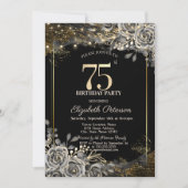 黒エレガントバラ、ライトブラック75誕生日 招待状 (正面)