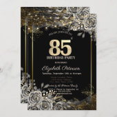 黒エレガントバラ、ライトブラック85誕生日 招待状 (正面/裏面)