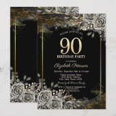 黒エレガントバラ、ライトブラック90誕生日 招待状 (正面/裏面)