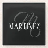 黒エレガントパーソナライズされた姓 |名前 ガラスコースター (正面)