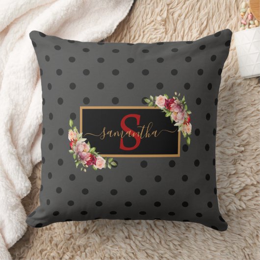 黒エレガントパーソナライズされた水玉模様とバラ クッション (ブランケット)