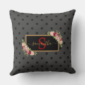 黒エレガントパーソナライズされた水玉模様とバラ クッション (裏面)