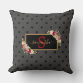 黒エレガントパーソナライズされた水玉模様とバラ クッション (正面)